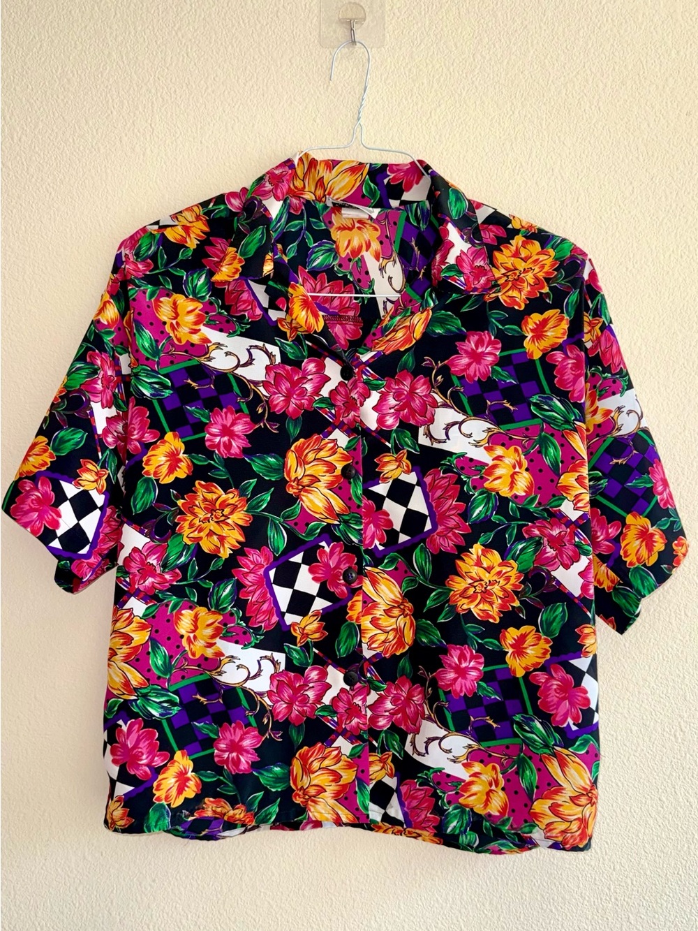 Vintage Petite Notions Floral Checkerboard Button Down Shirt - 80s/90s Pop Art